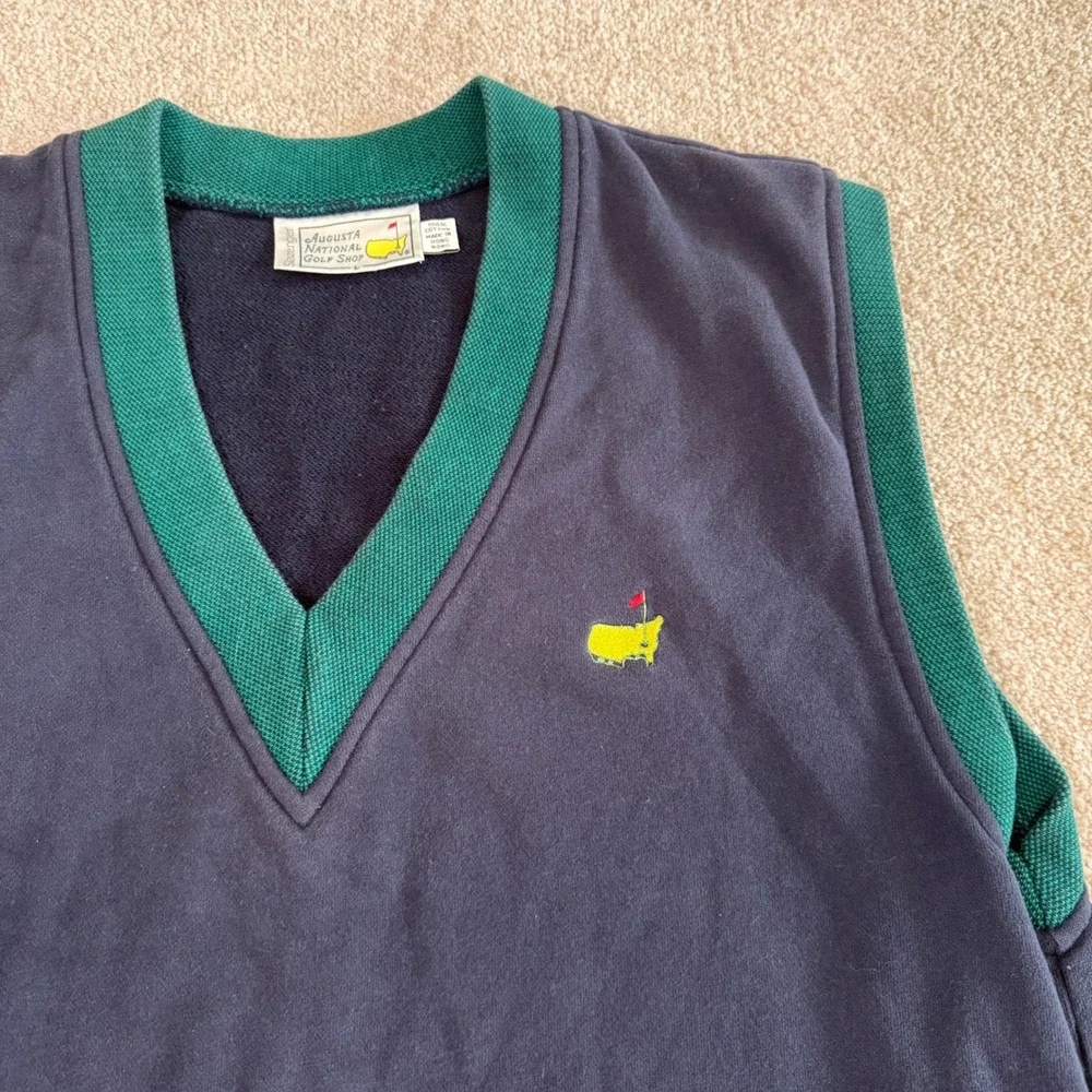 Slazenger Mens 100% Cotton Sweater Vest L Navy Blue Green Masters Augusta Logo
